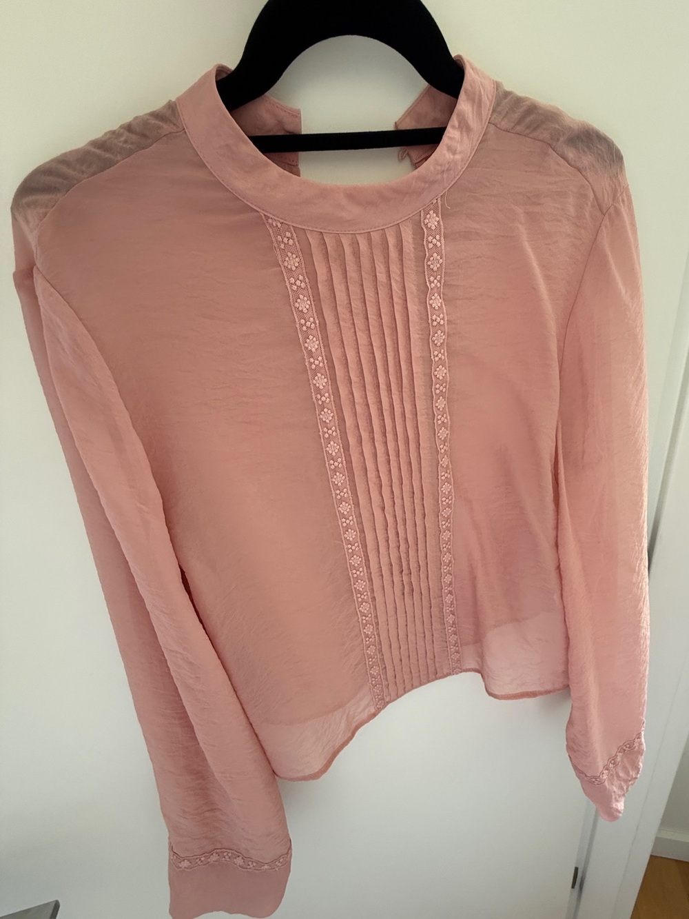 Blush Pink Pintuck Sheer Blouse with lace and small bead detail.